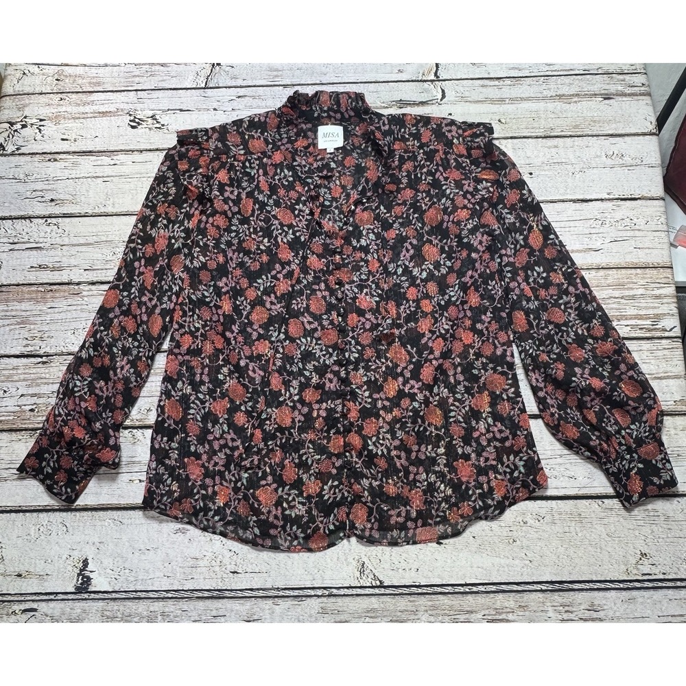 Misa Womens Black Floral Collared Button Up Blouse Long Sleeve Ruffle Size L USA